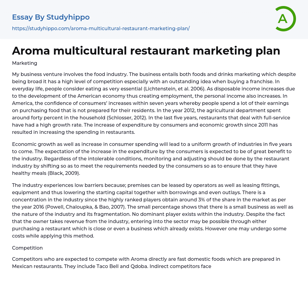 Aroma multicultural restaurant marketing plan Essay Example