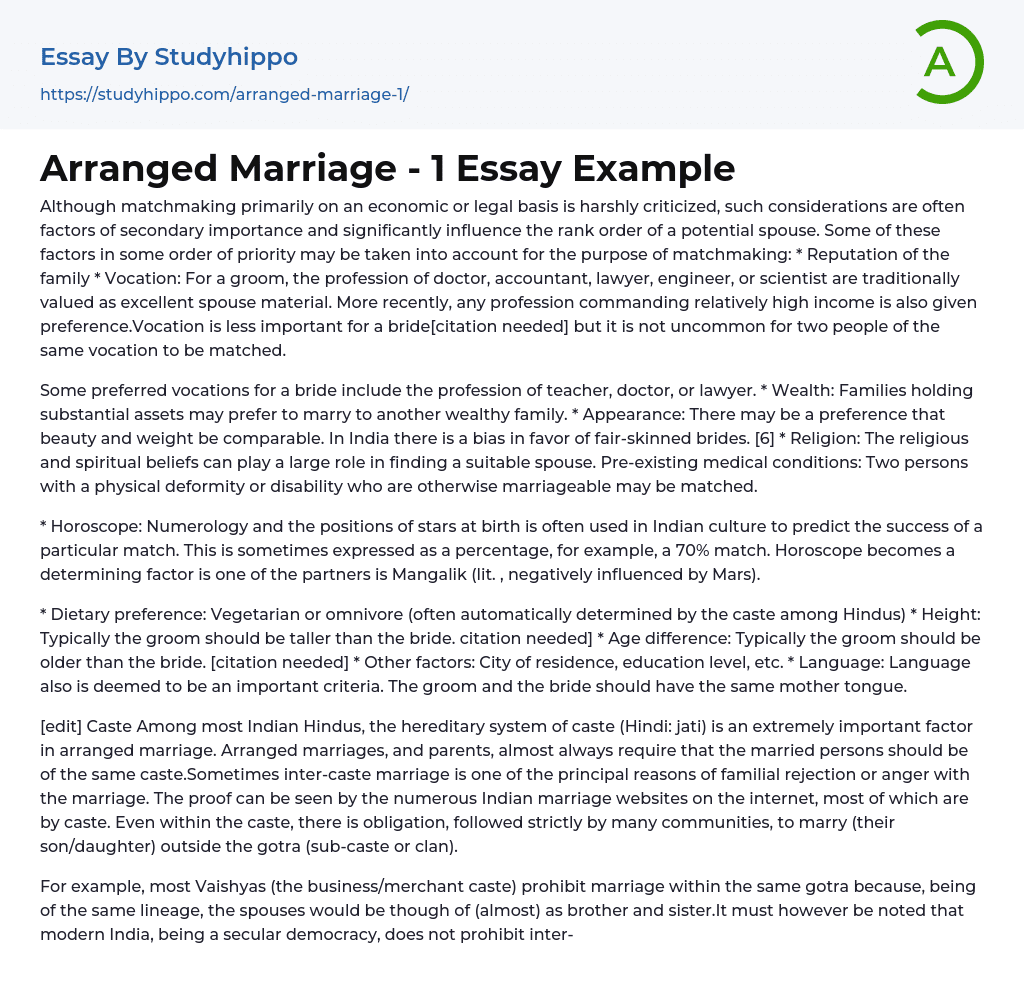 Arranged Marriage – 1 Essay Example