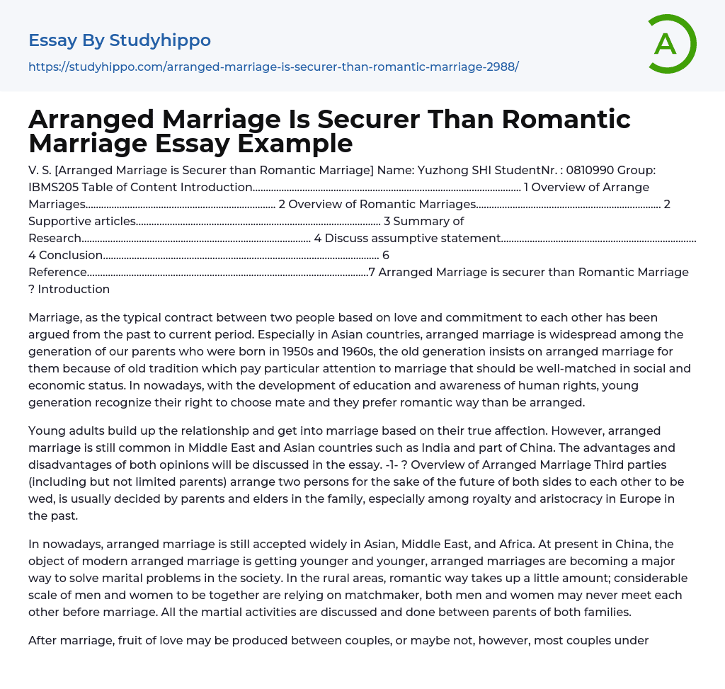 Arranged Marriage Is Securer Than Romantic Marriage Essay Example