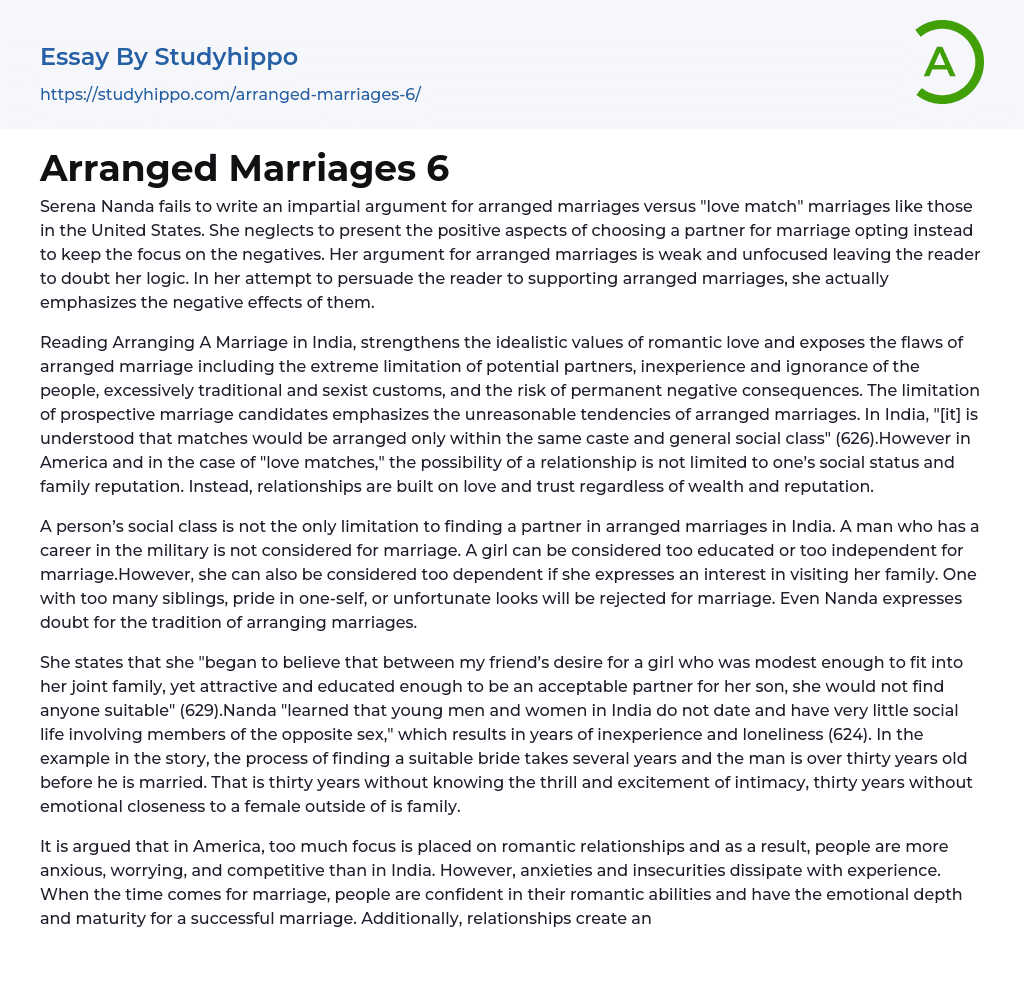 Arranged Marriages 6 Essay Example