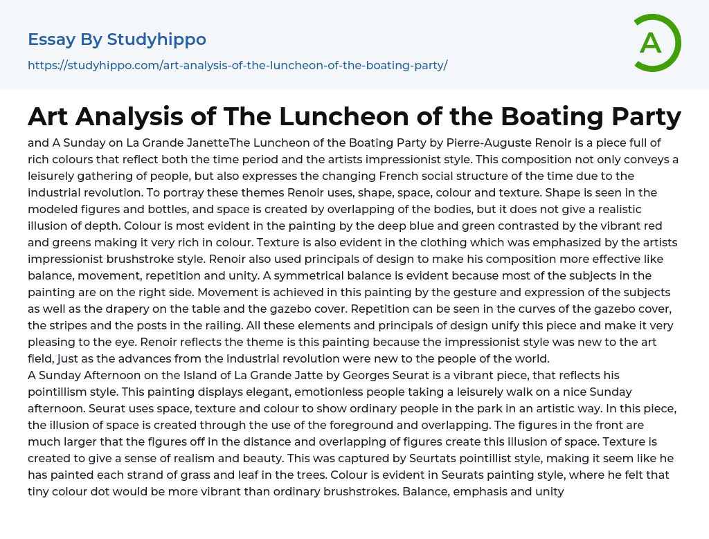 Art Analysis of The Luncheon of the Boating Party Essay Example
