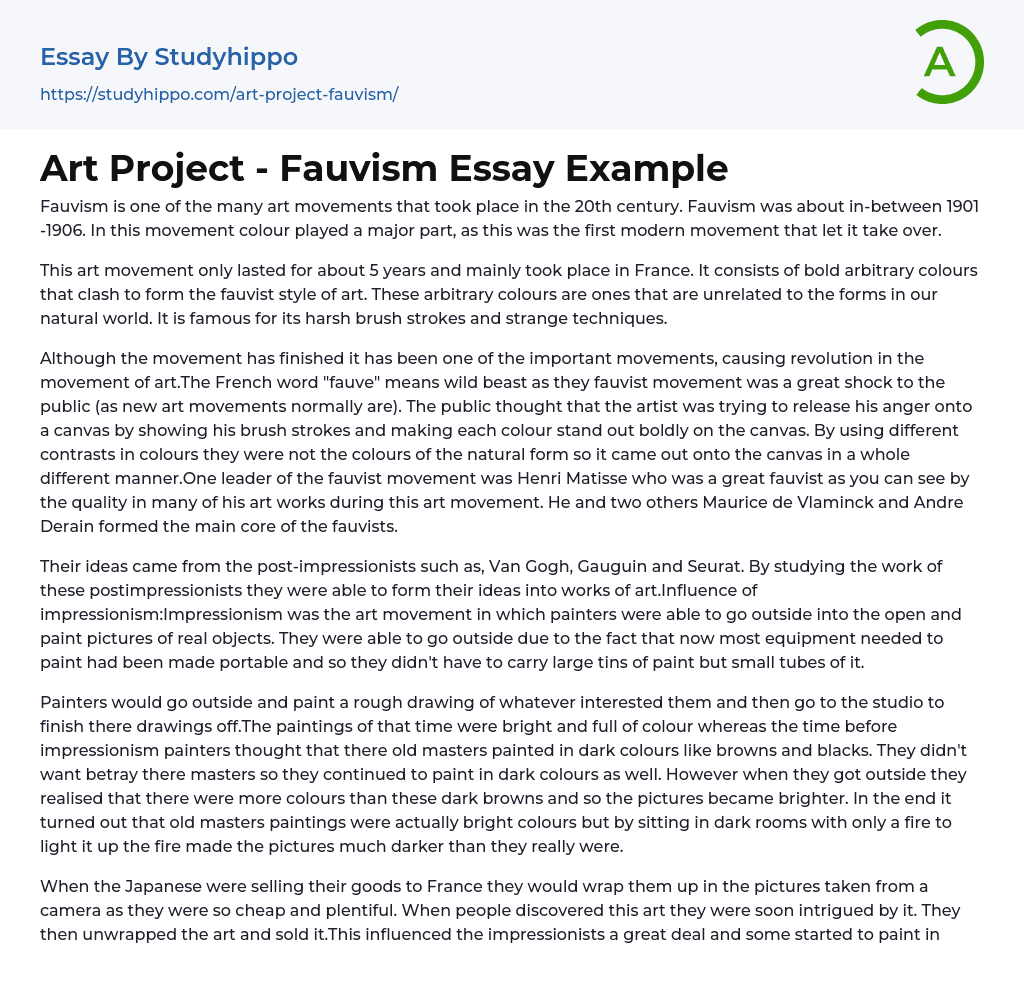 Art Project – Fauvism Essay Example