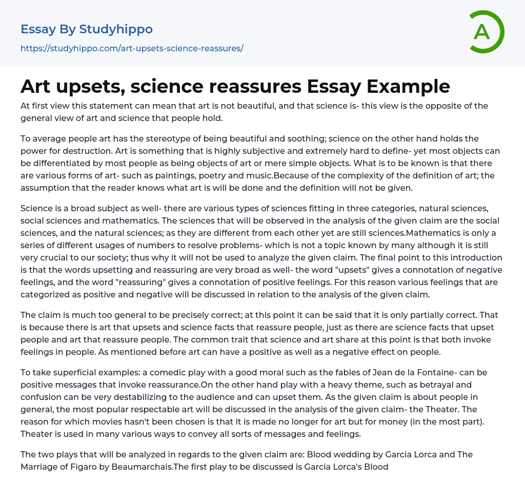 Art upsets, science reassures Essay Example