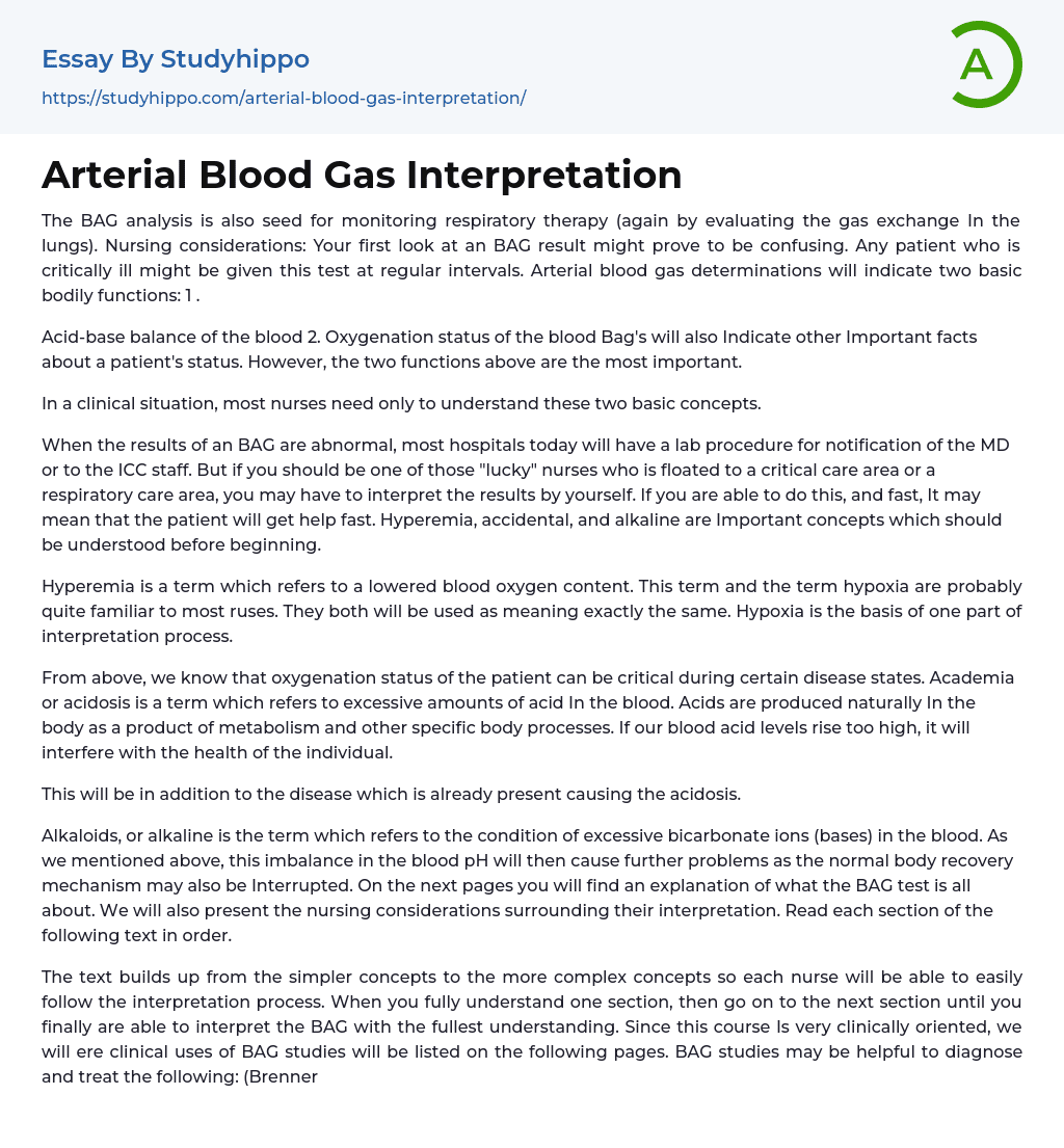 Arterial Blood Gas Interpretation Essay Example