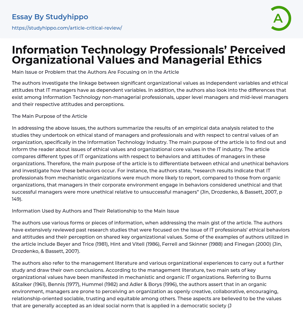 eExploring the Linkage between Organizational Values and Ethical Attitudes of IT Managers.
