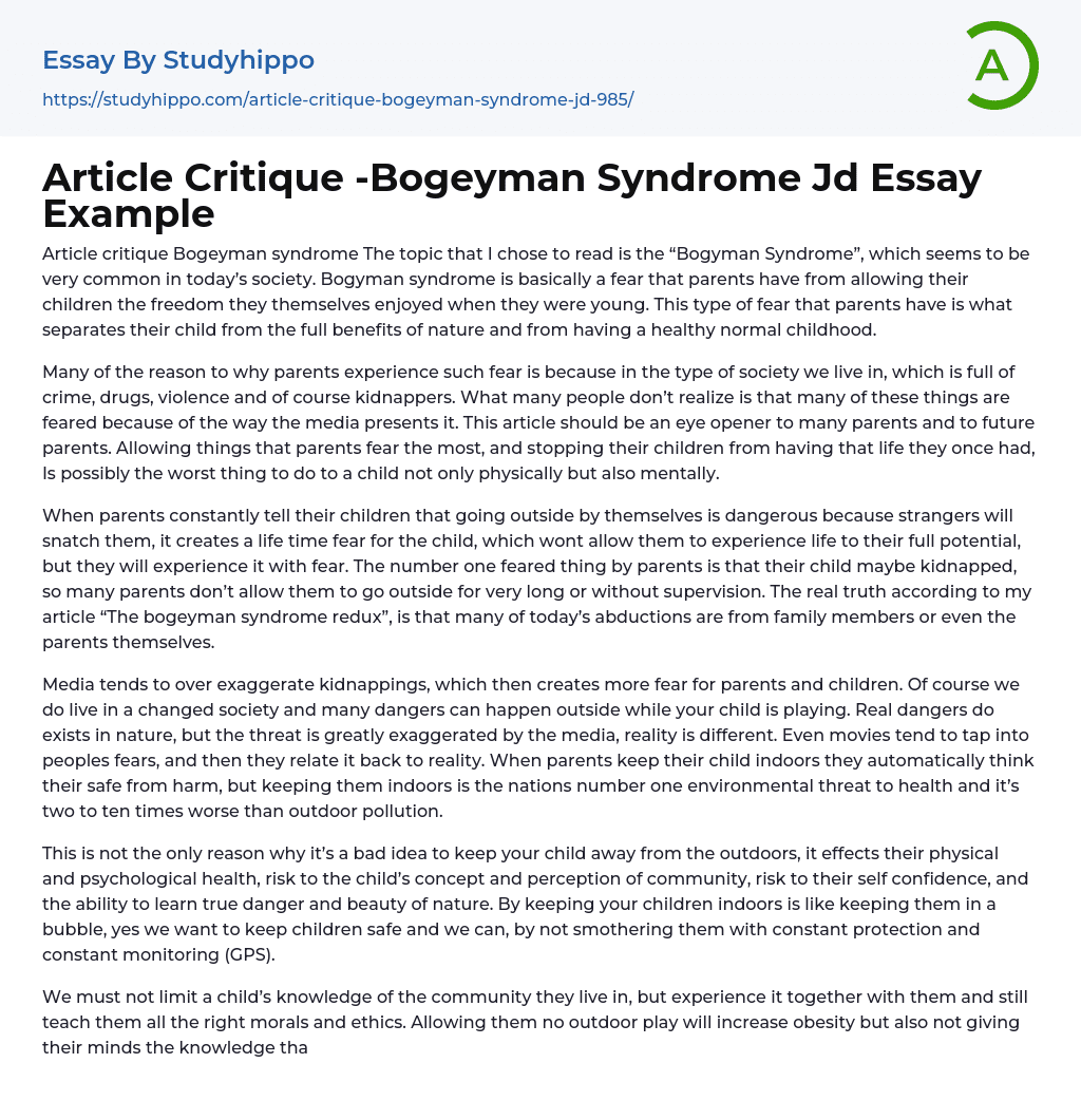 Article Critique -Bogeyman Syndrome Jd Essay Example