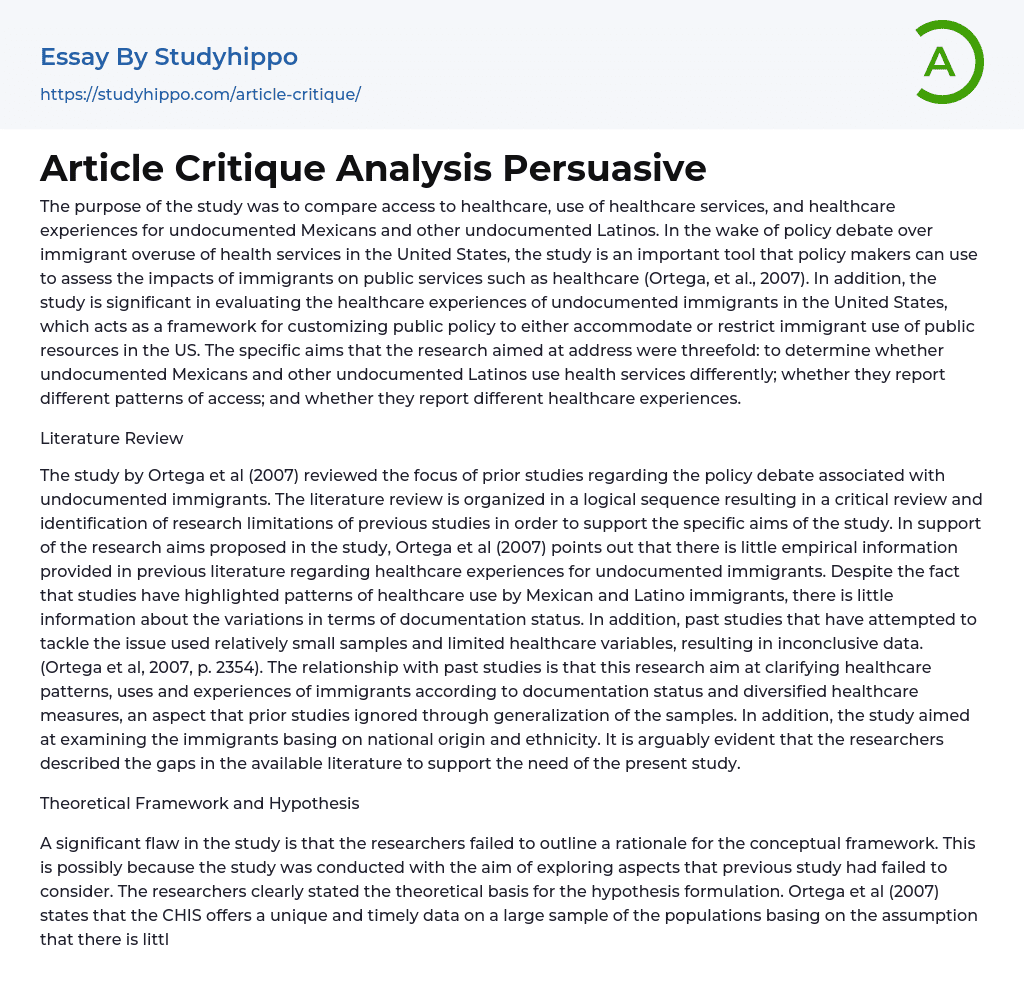 Article Critique Analysis Persuasive Essay Example