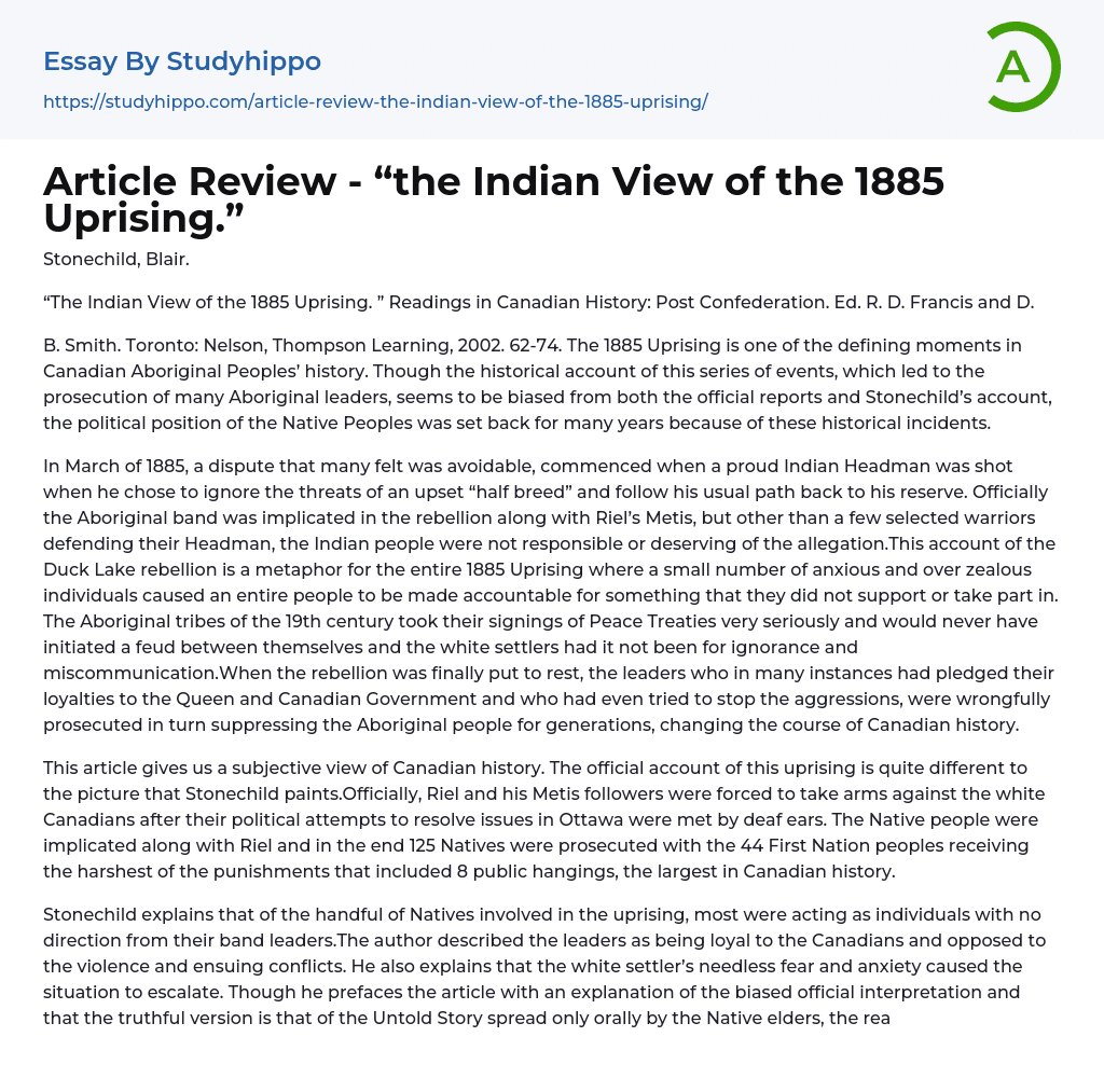 Article Review – “the Indian View of the 1885 Uprising.” Essay Example