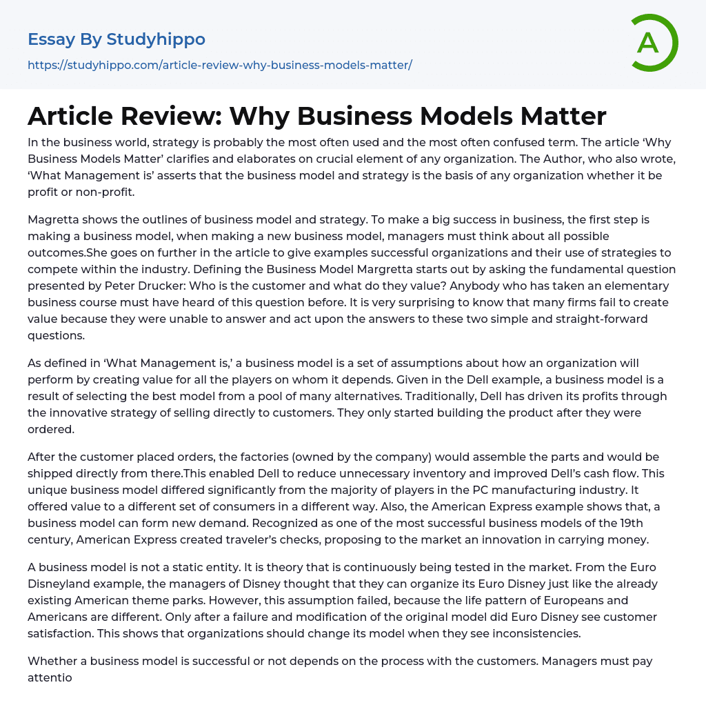 Article Review: Why Business Models Matter Essay Example