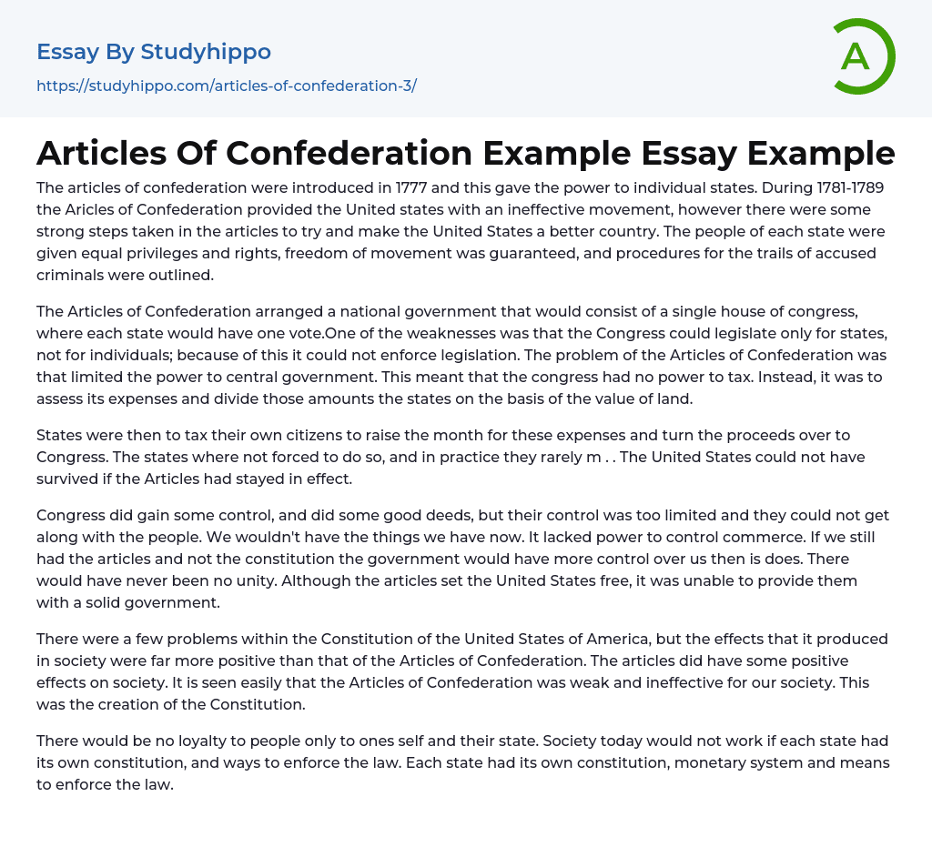 Articles Of Confederation Example Essay Example
