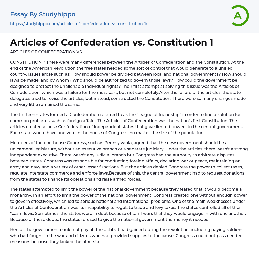 Articles of Confederation vs. Constitution 1 Essay Example