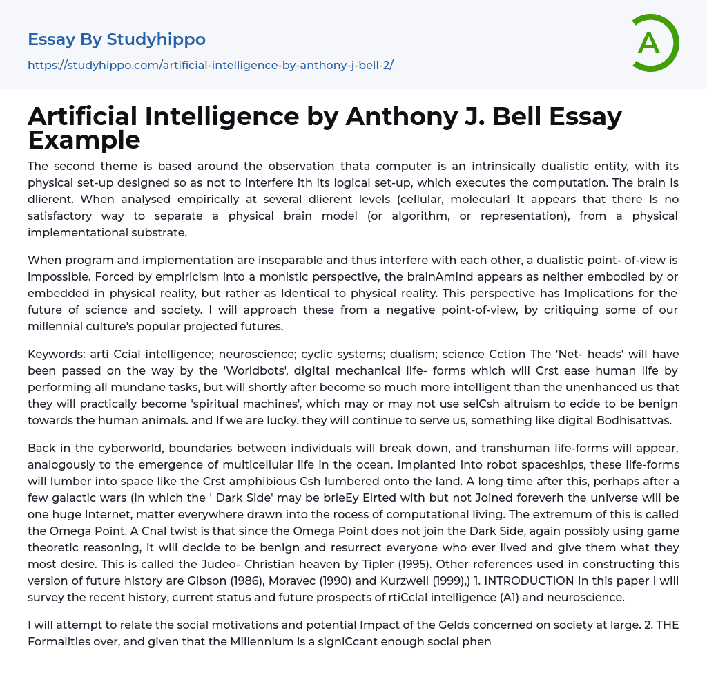 Artificial Intelligence by Anthony J. Bell Essay Example