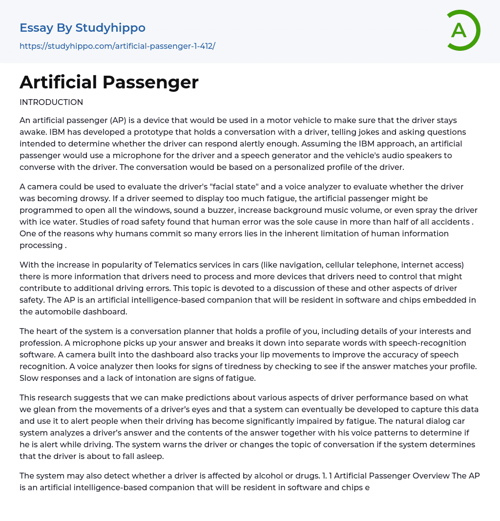 Artificial Passenger Essay Example