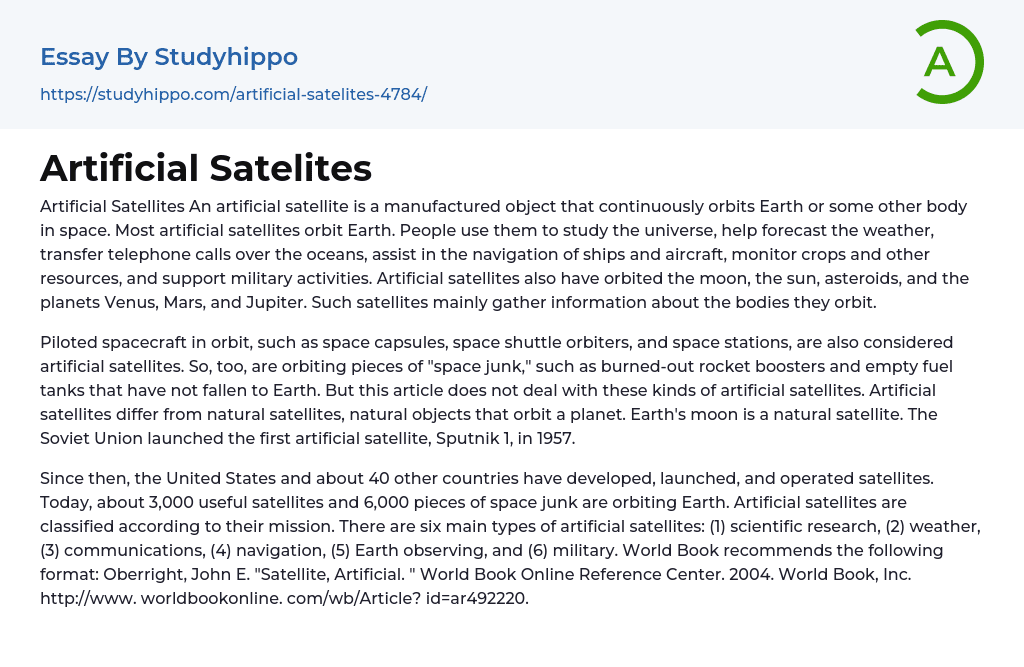 Artificial Satelites Essay Example