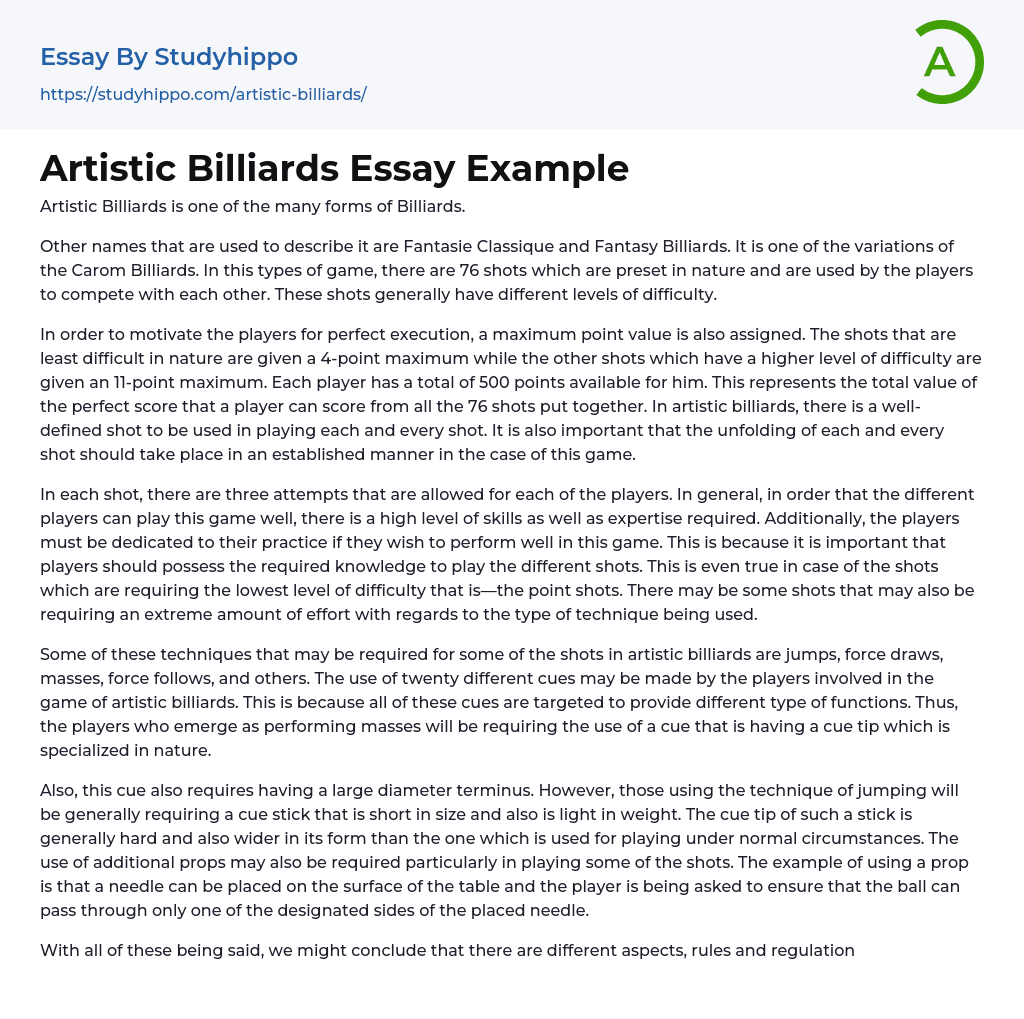 Artistic Billiards Essay Example