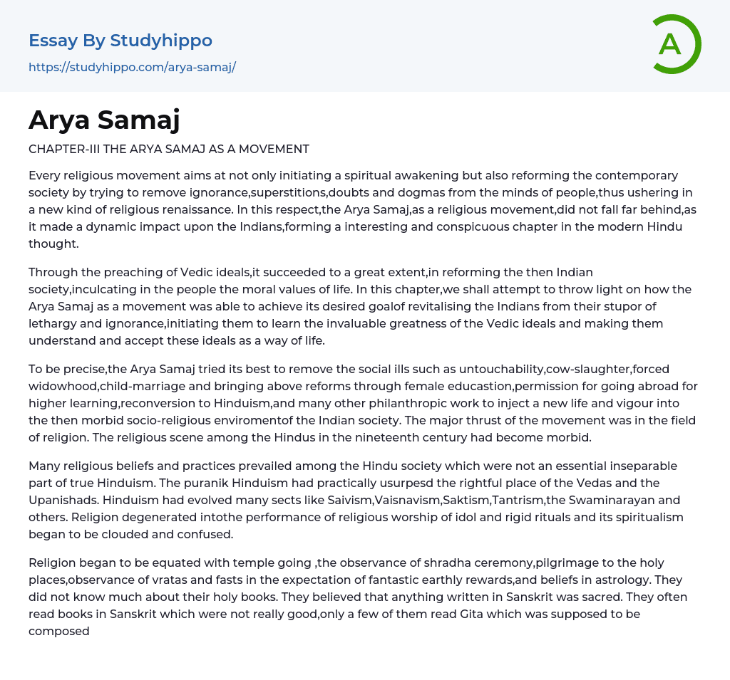 The Arya Samaj as a Movement Essay Example