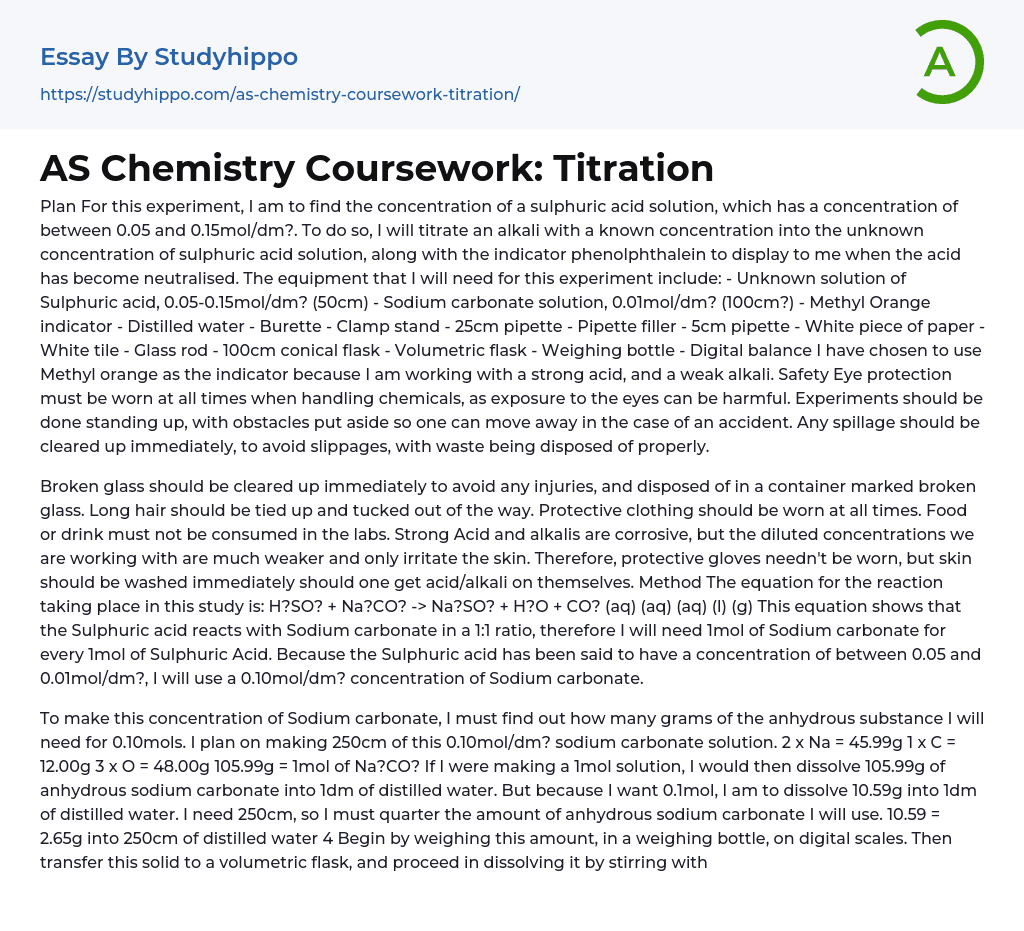 AS Chemistry Coursework: Titration Essay Example