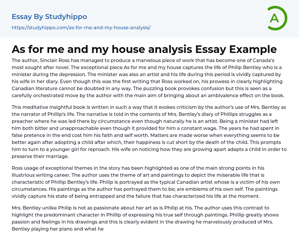 As for me and my house analysis Essay Example