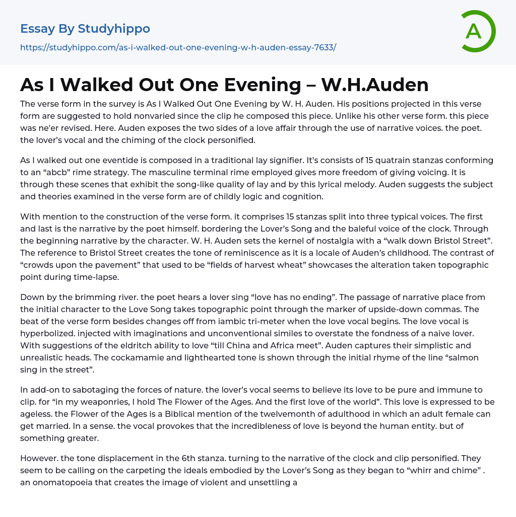 As I Walked Out One Evening – W.H.Auden Essay Example