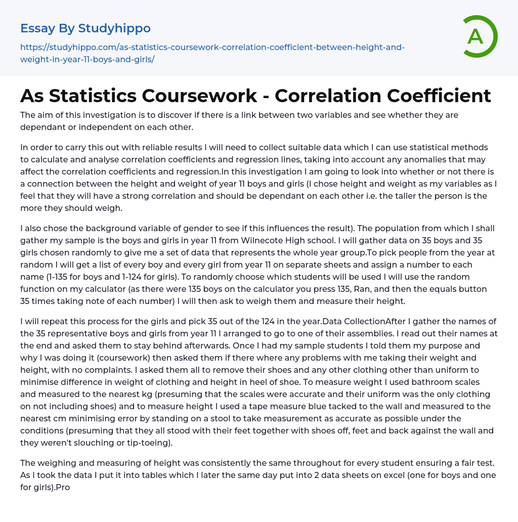 As Statistics Coursework – Correlation Coefficient Essay Example
