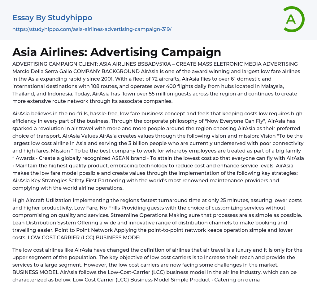 Asia Airlines: Advertising Campaign Essay Example