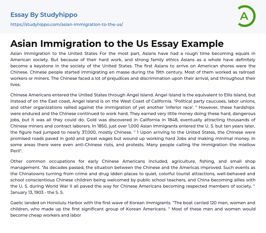 Asian Immigration to the Us Essay Example