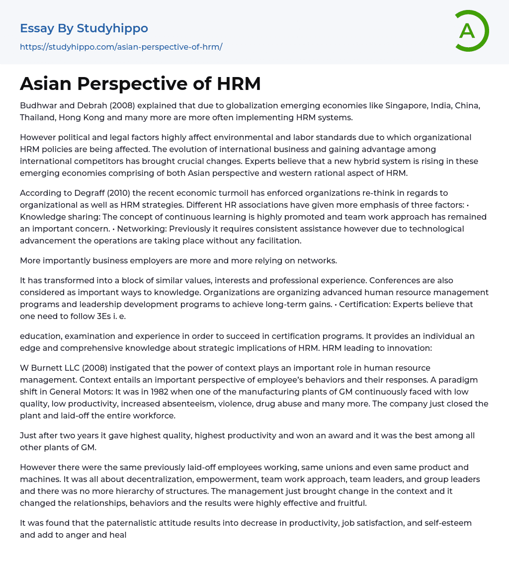 Asian Perspective of HRM Essay Example