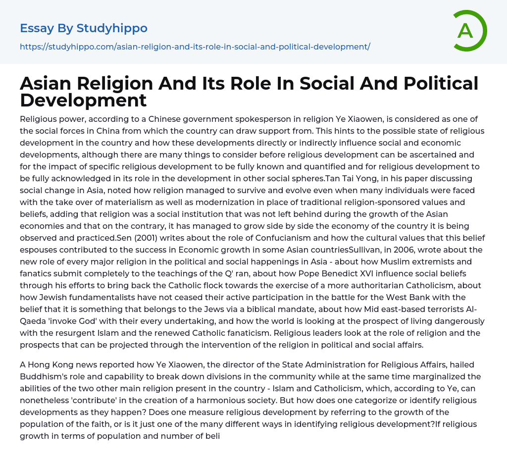 Asian Religion And Its Role In Social And Political Development Essay Example