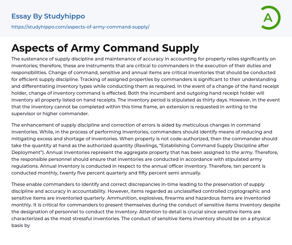 Aspects of Army Command Supply Essay Example