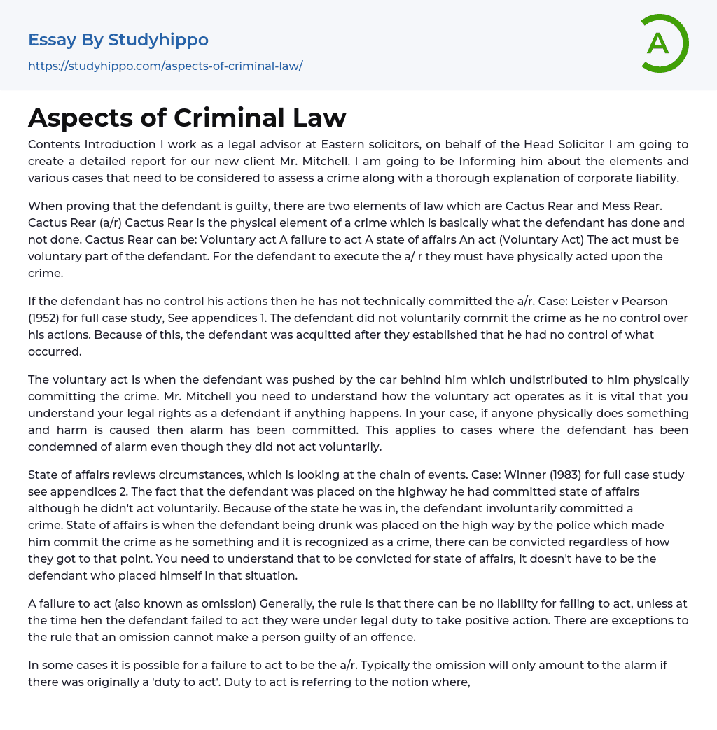 Aspects of Criminal Law Essay Example