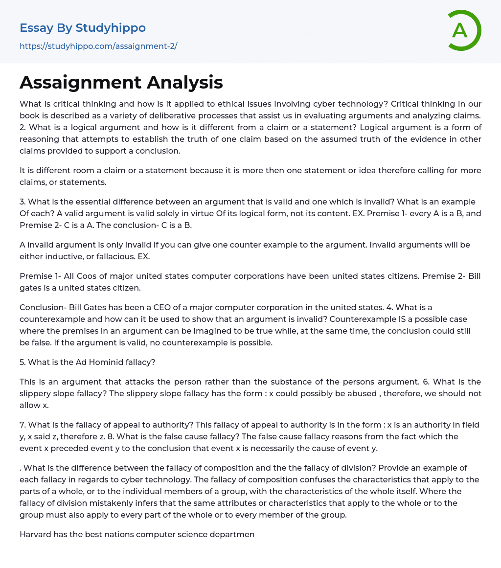 Assaignment Analysis Essay Example