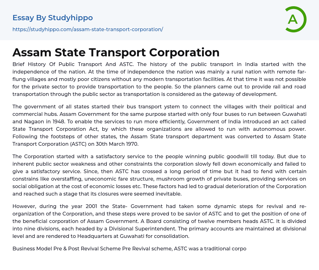 Assam State Transport Corporation Essay Example