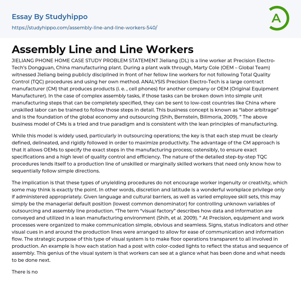 Assembly Line and Line Workers Essay Example