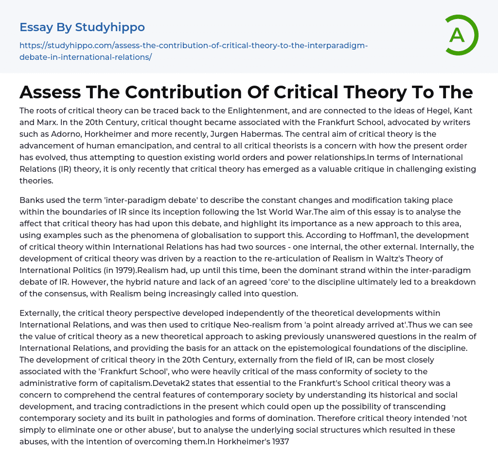 Assess The Contribution Of Critical Theory To The Essay Example