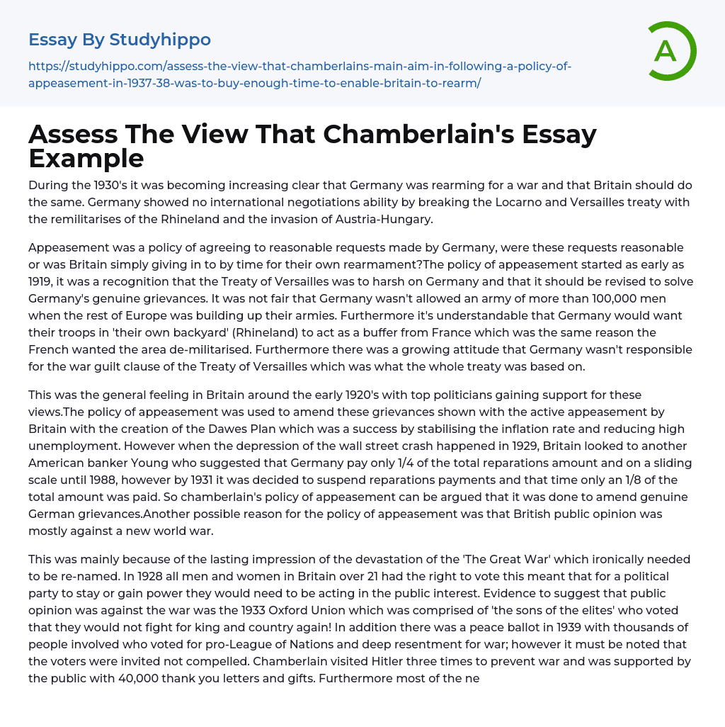 Assess The View That Chamberlain’s Essay Example