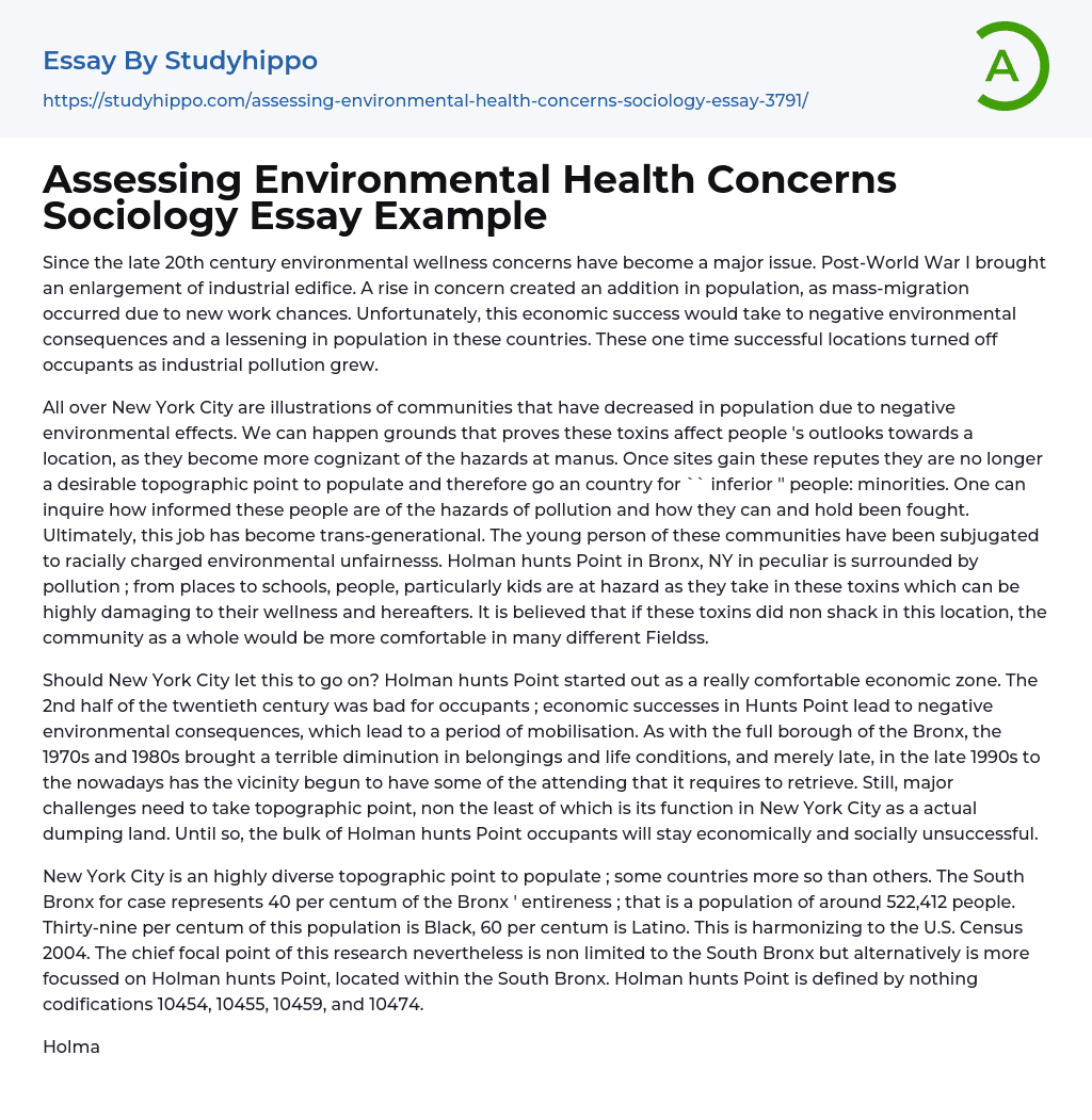 Assessing Environmental Health Concerns Sociology Essay Example
