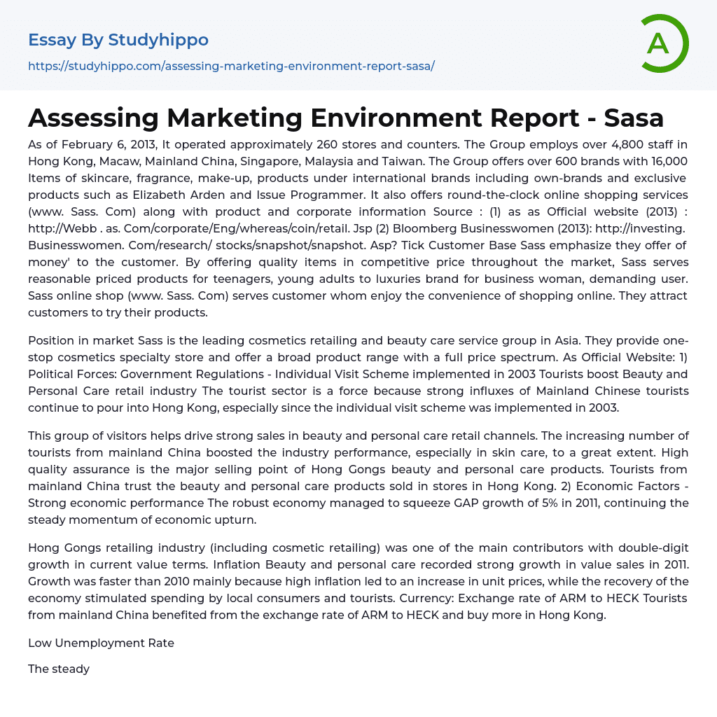 Assessing Marketing Environment Report – Sasa Essay Example