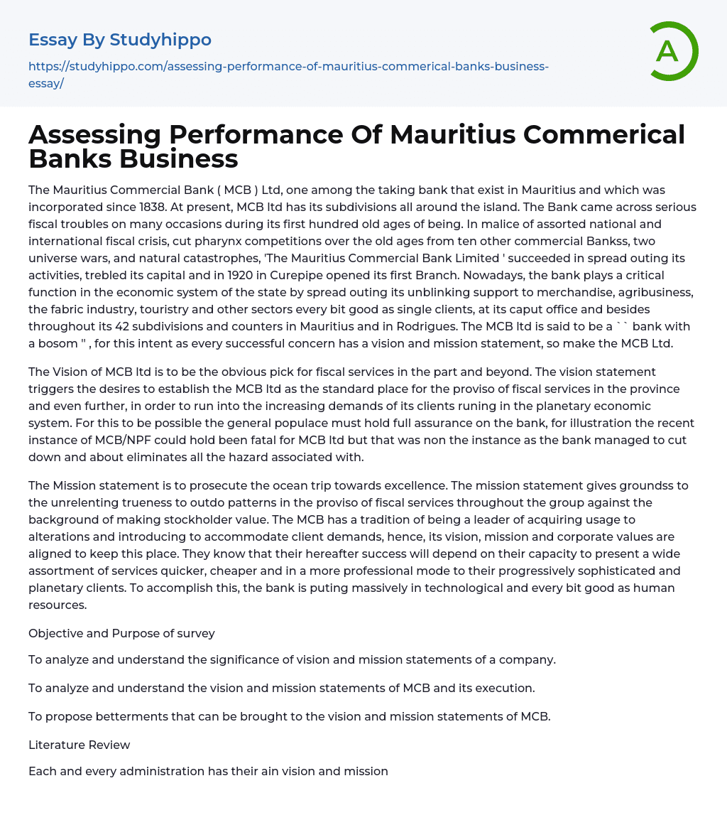 Assessing Performance Of Mauritius Commerical Banks Business Essay Example