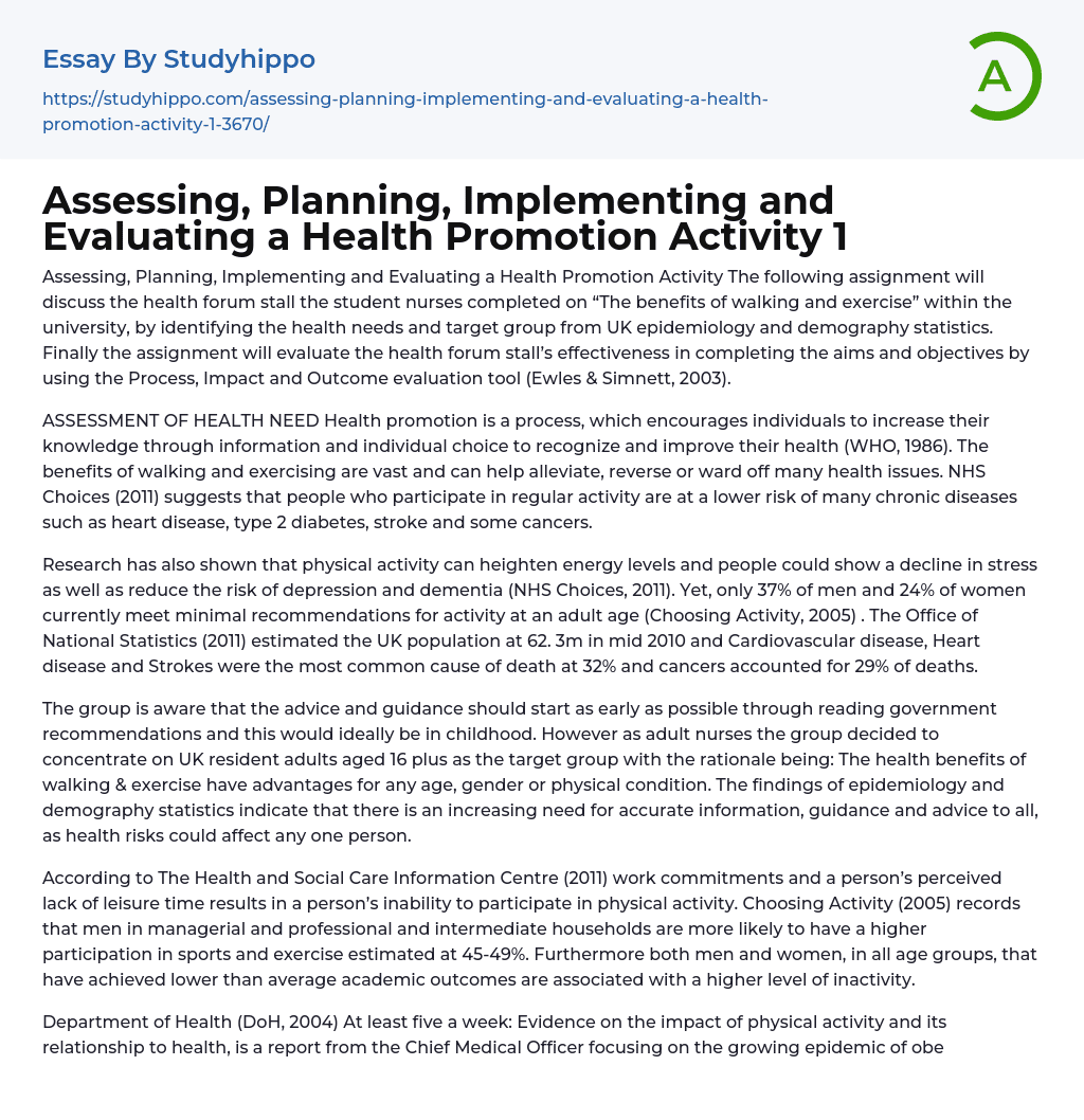 Assessing, Planning, Implementing and Evaluating a Health Promotion Activity 1 Essay Example