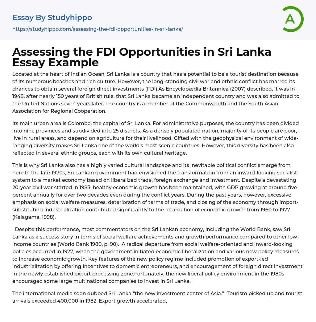 Assessing the FDI Opportunities in Sri Lanka Essay Example