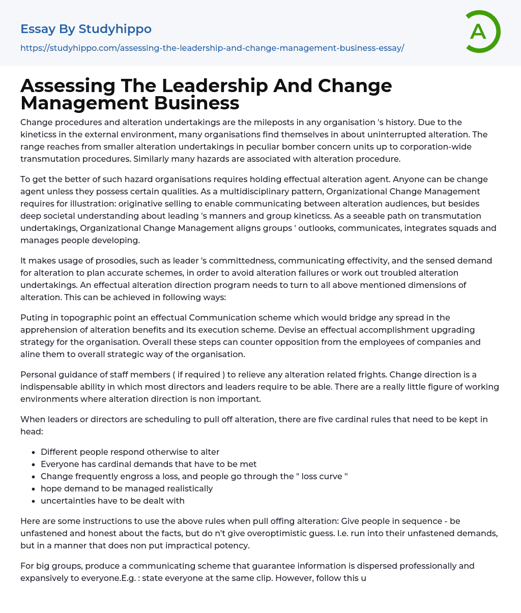 Assessing The Leadership And Change Management Business Essay Example