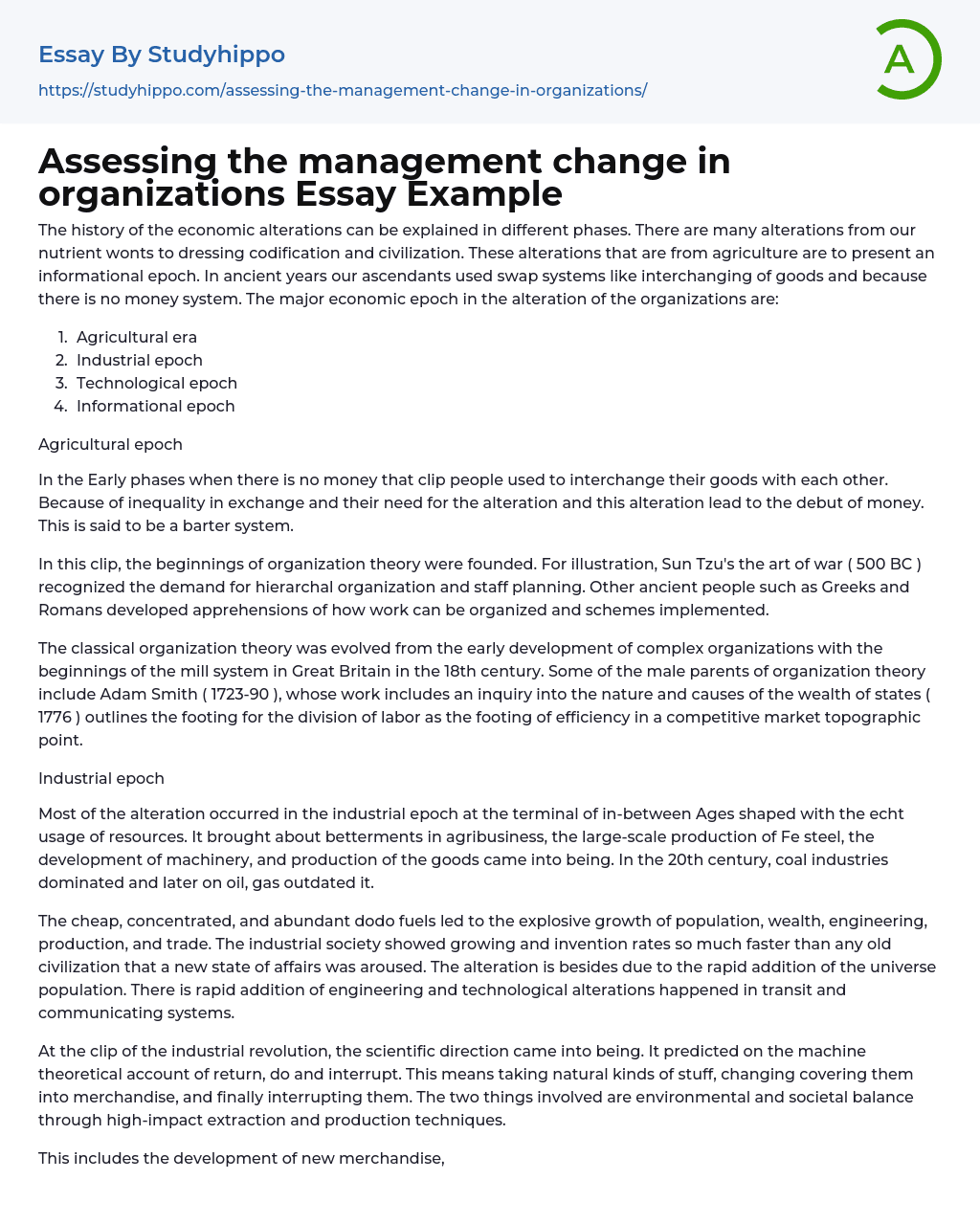 Assessing the management change in organizations Essay Example