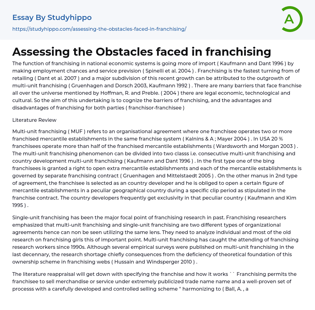 Assessing the Obstacles faced in franchising Essay Example