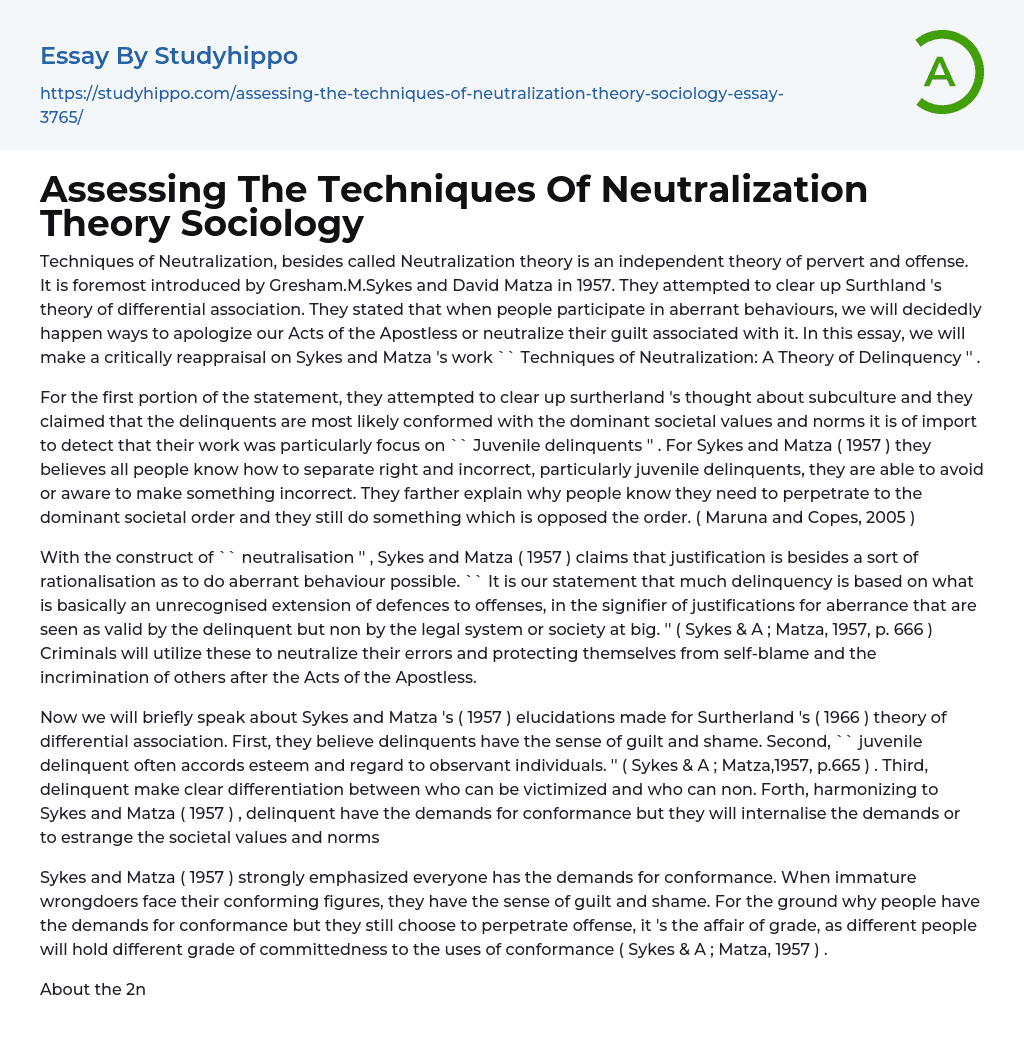 Assessing The Techniques Of Neutralization Theory Sociology Essay Example