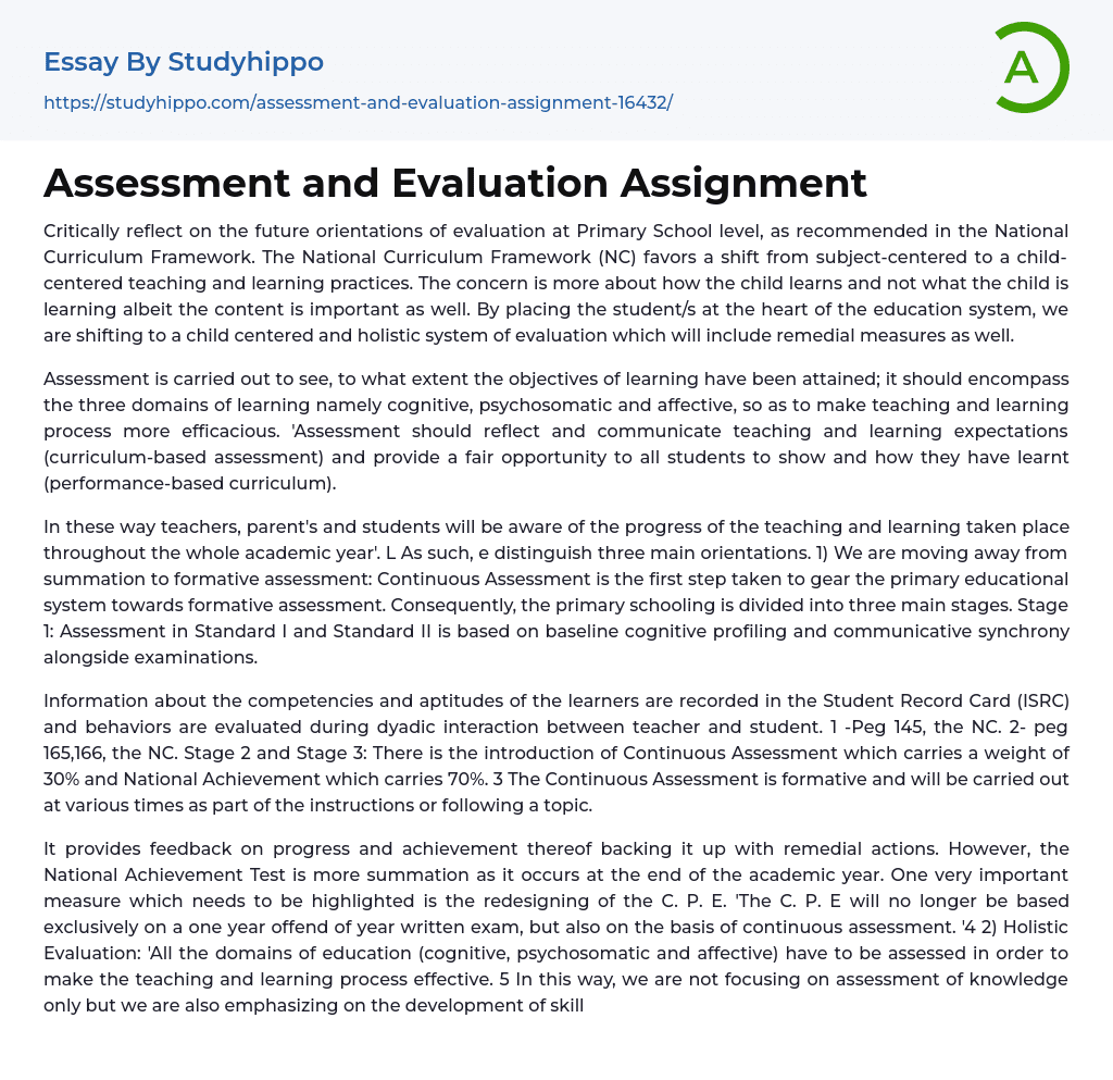 Assessment and Evaluation Assignment Essay Example