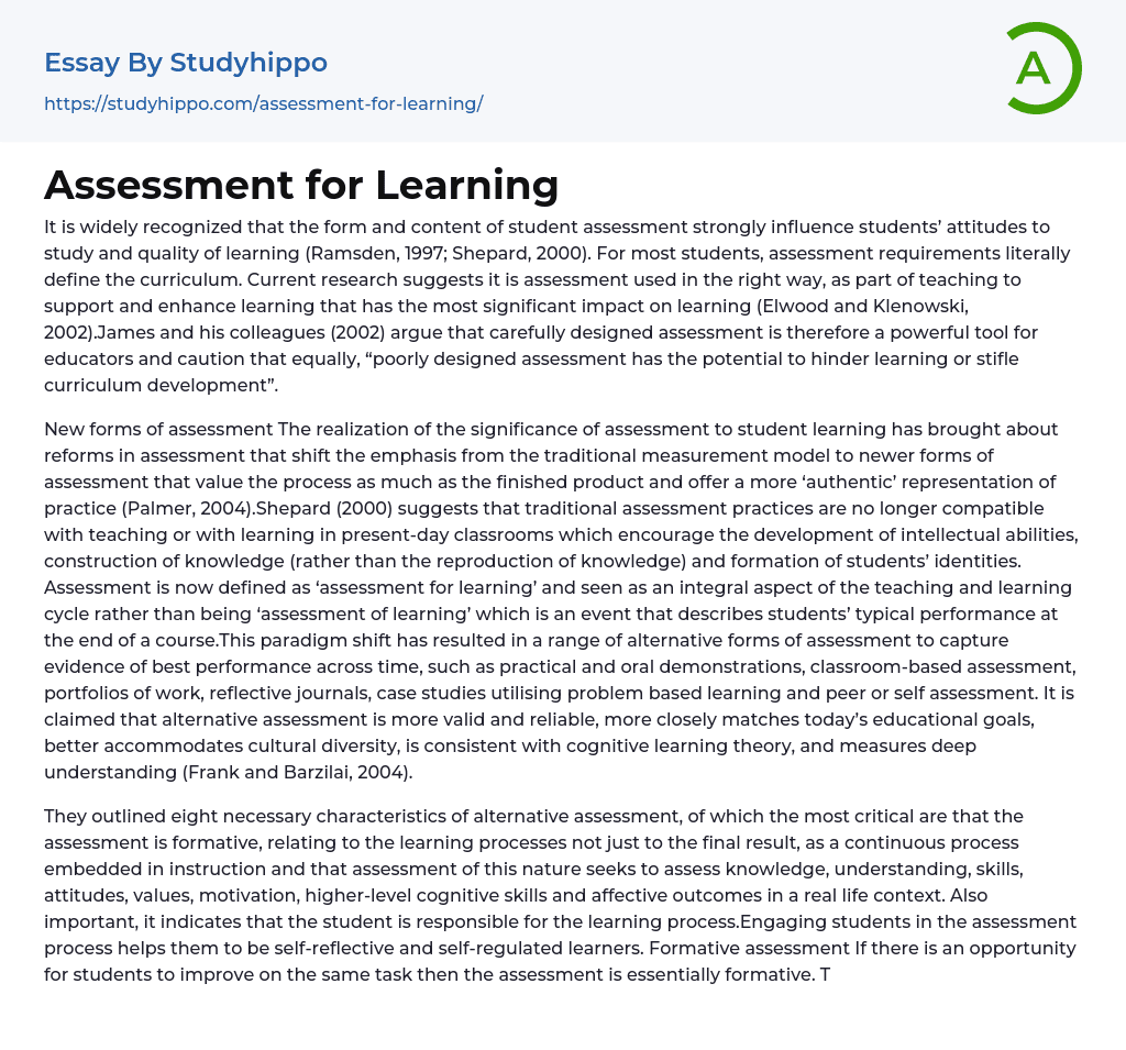 assessment in learning 1 essay