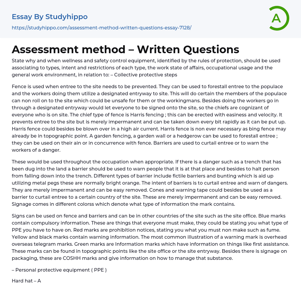 Assessment method – Written Questions Essay Example