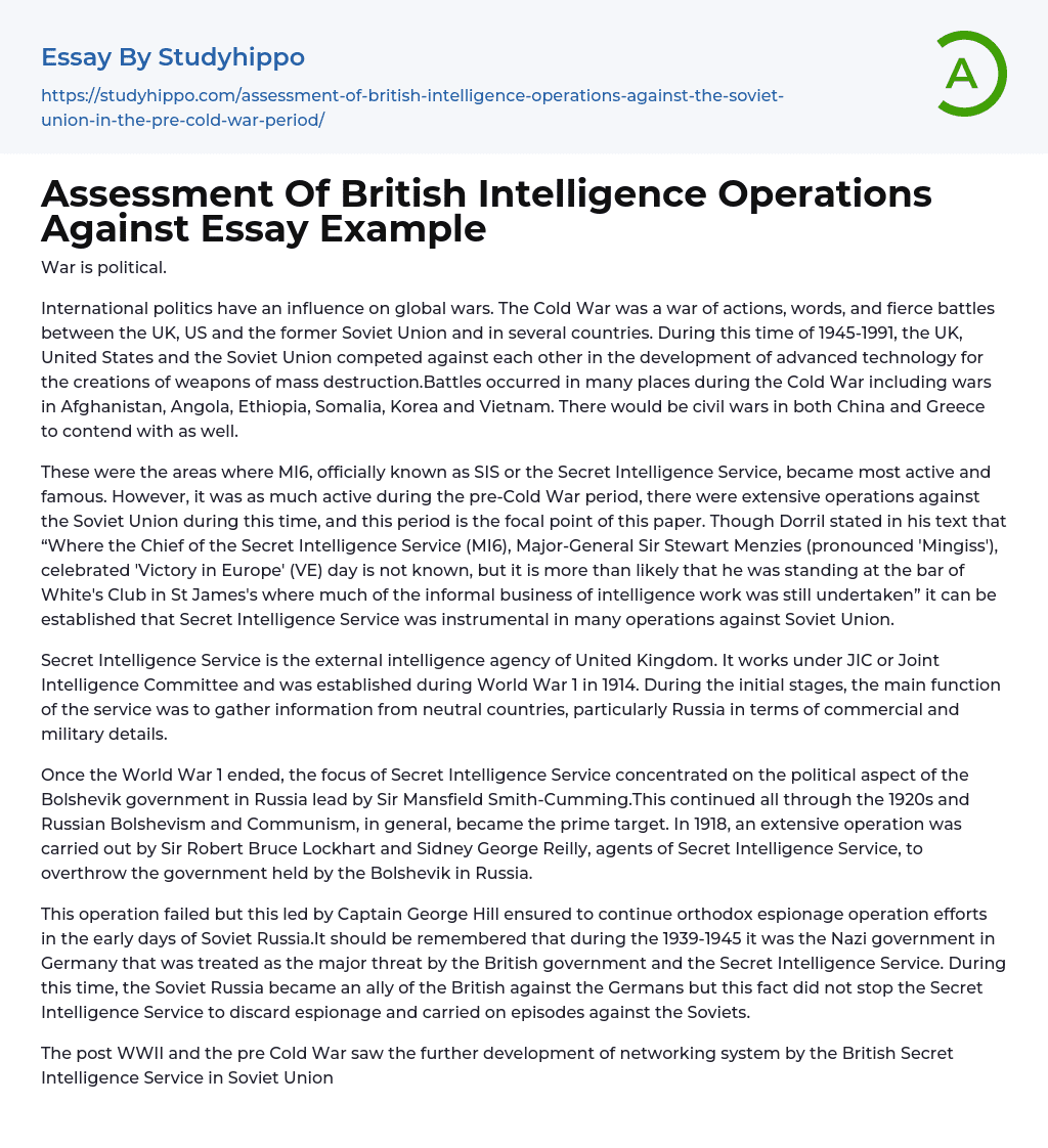Assessment Of British Intelligence Operations Against Essay Example