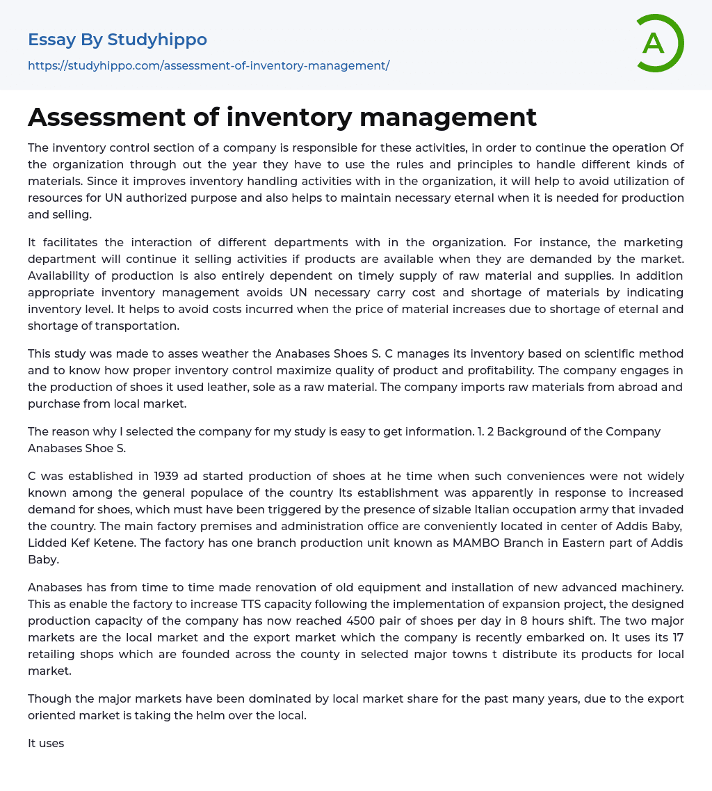 Assessment of inventory management Essay Example