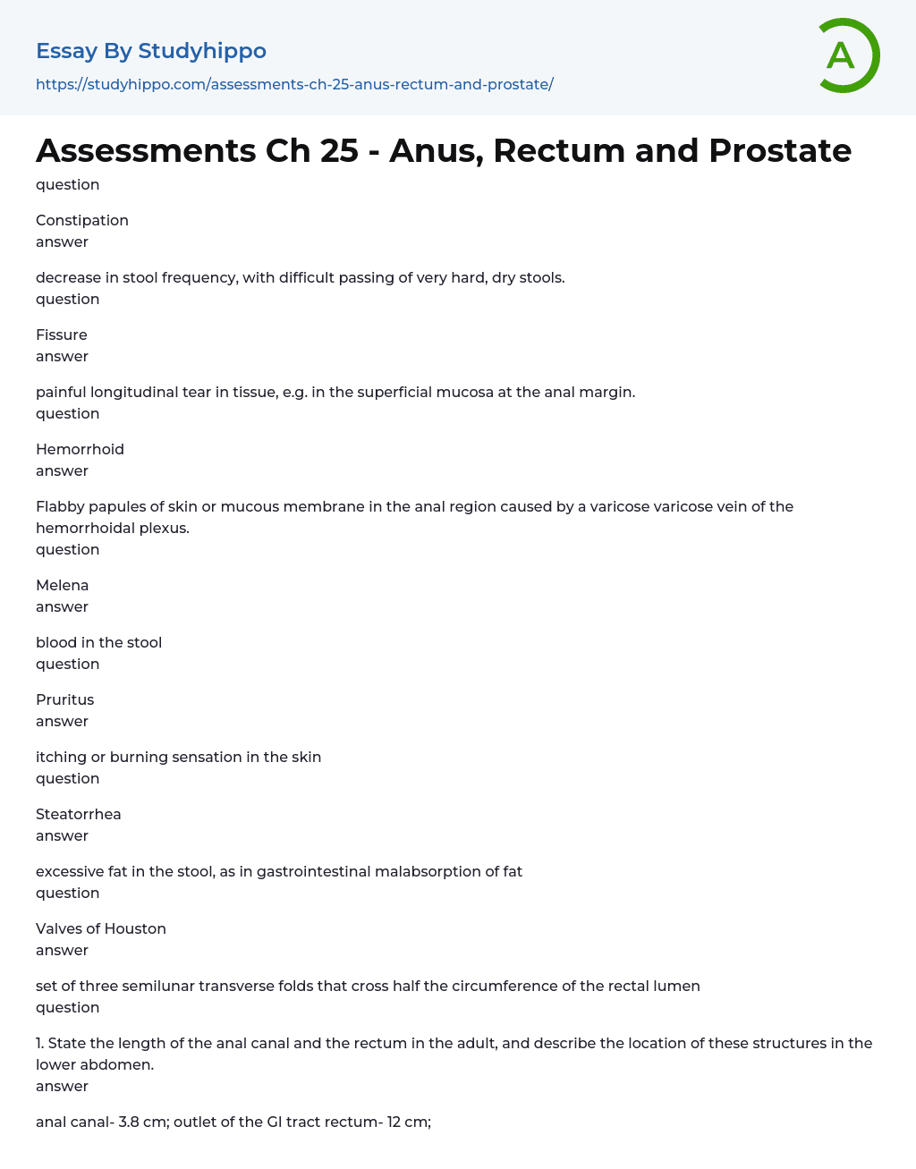 Assessments Ch 25 – Anus, Rectum and Prostate Essay Example